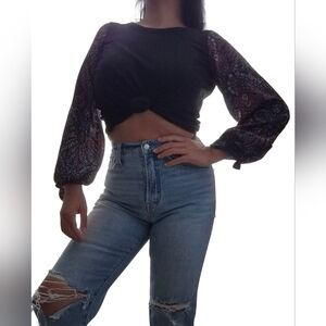 Anthropologie Black Blouse with Colorful Paisley Sleeves